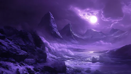 Lunar-illuminated glacial valley under monochromatic violet haze