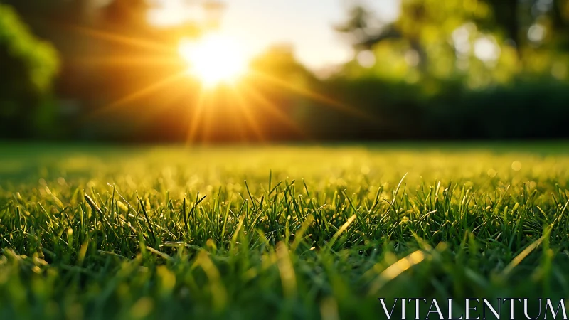 Lush green grass at sunrise with warm sunlight, natural style.