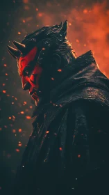 Horned masked figure in profile amid drifting embers.