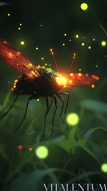 Bioluminescent insect hovering above foliage at night.