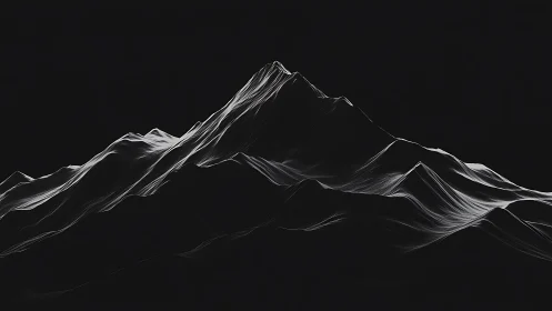 Monochrome mountain ridges traced with luminous contour lines.