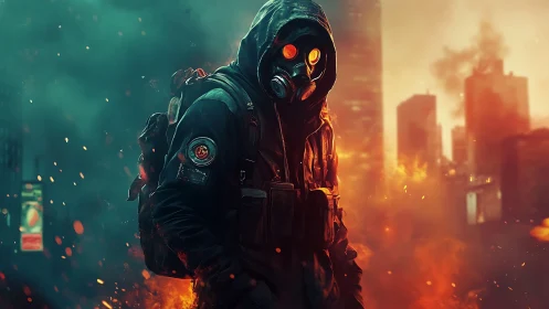 Hooded figure in gas mask stands in burning urban ruins