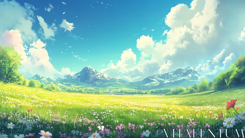 Sunlit alpine meadow stretches toward distant snow peaks