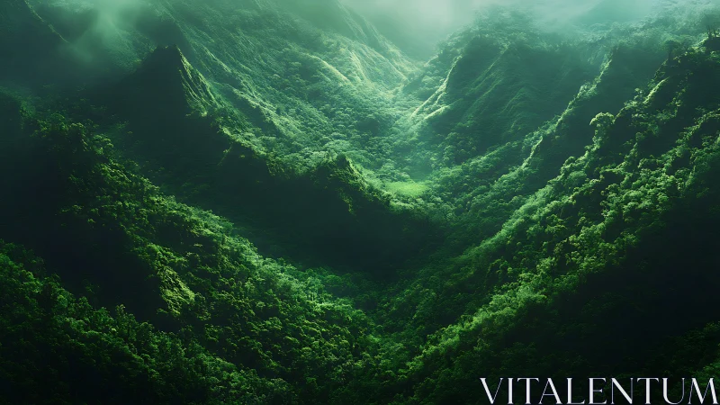 Lush green valley with dramatic canyon walls and misty light.