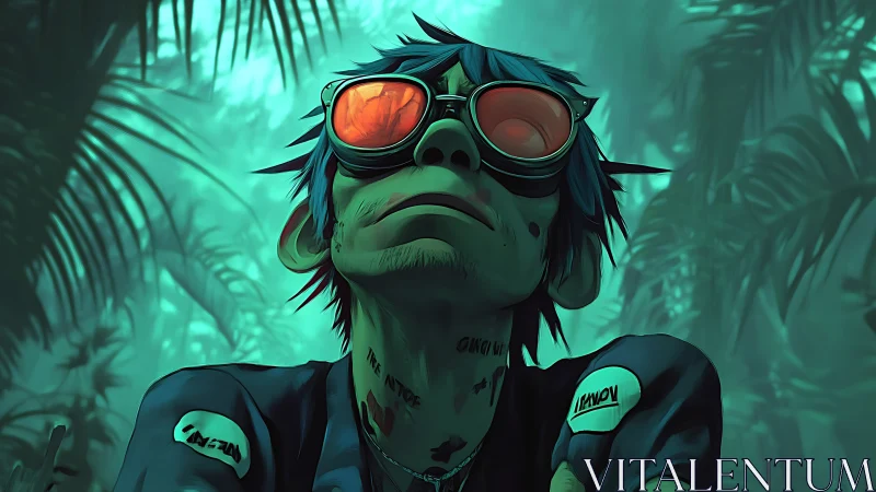 Blue haired character with red goggles in teal jungle scene.