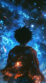 Backlit anime figure facing nebular cosmic starfield horizon
