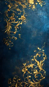 Gold botanical ornament scrollwork decorates textured blue field