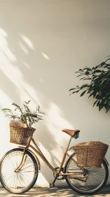 Vintage Bicycle with Wicker Baskets Against Sunlit Wall.