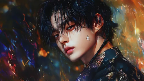 Moody digital portrait of androgynous figure in color swirl.