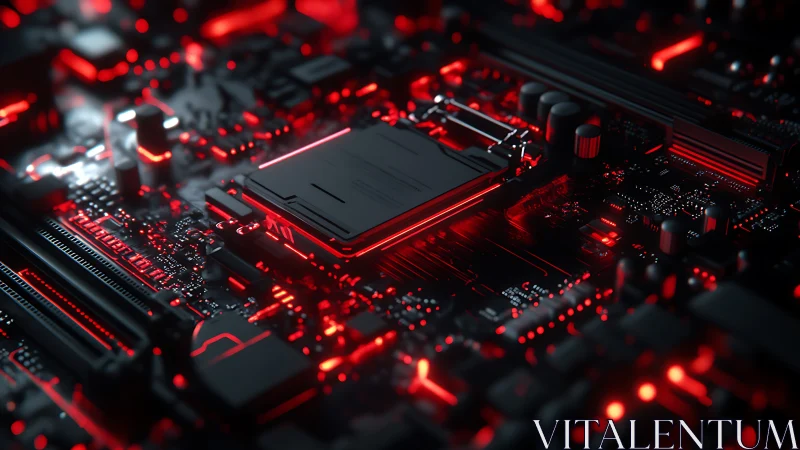 Glowing motherboard heart with vivid red circuitry light.