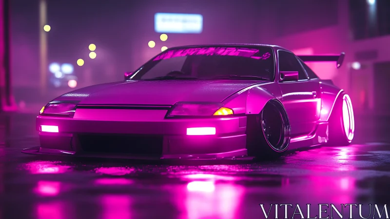 Modified sports coupe in neon pink urban night scene.