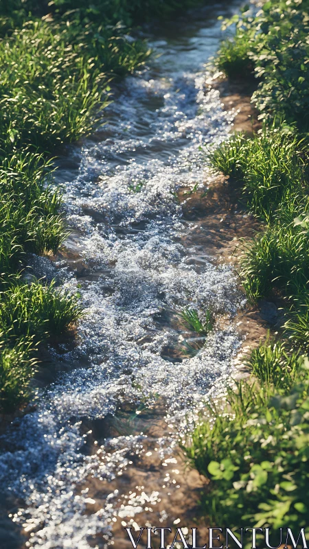 Sunlit creek stitches silver ribbons through bright meadow
