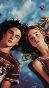 Two youths lie side by side against a stylized sky backdrop