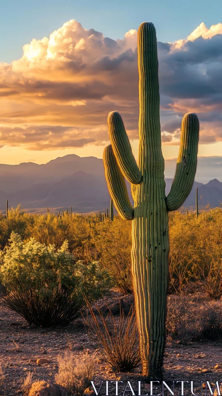 Golden desert sunset embracing a solitary saguaro cactus.