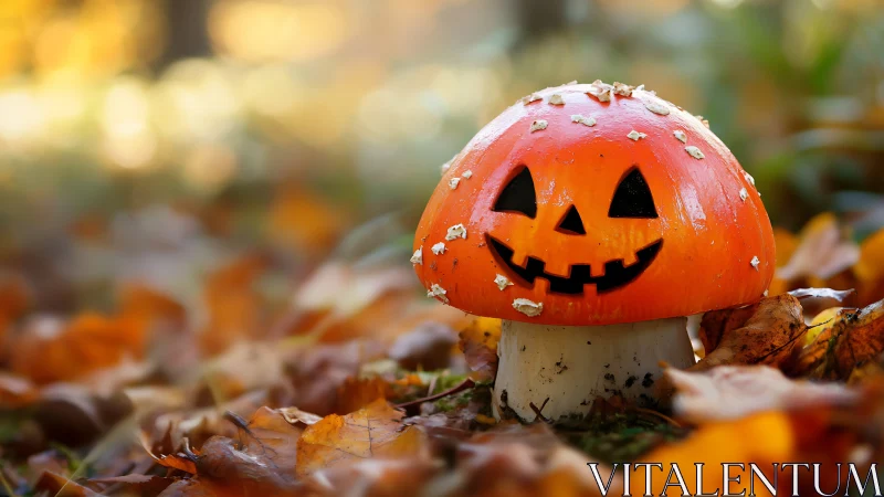 Jack-o-lantern style mushroom in bright autumn leaves.