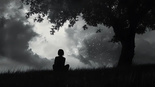 Soft starlit quiet finds a lone dreamer beneath a sheltering tree