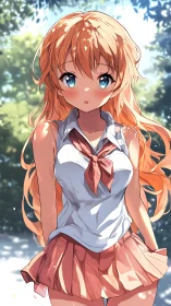 Sunlit anime schoolgirl pauses softly beneath summer trees