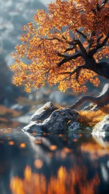 Golden autumn tree leans over a tranquil reflective lakeside