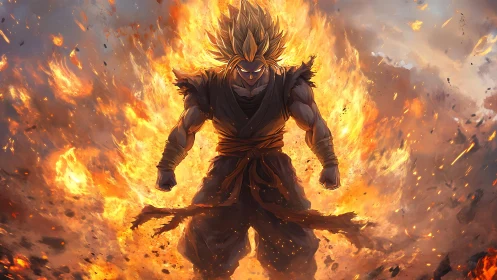 Blazing warrior ascends amid storm-forged inferno aura.