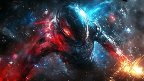 Cybernetic warrior charging through erupting cosmic energy.