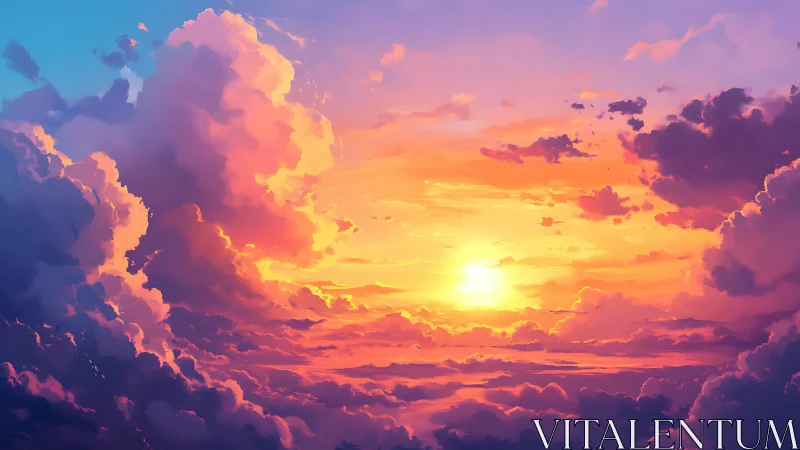 Vivid digital sunset sky with dramatic glowing clouds.