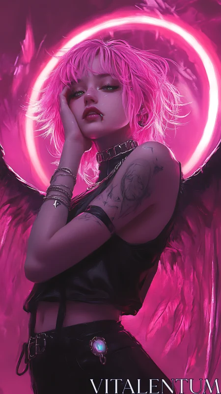 Neon angel punk girl poses under glowing pink halo ring.