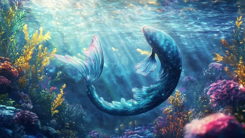 Celestial koi pirouettes through a jeweled coral ballroom