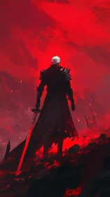 Lone white-haired warrior confronts a burning crimson horizon