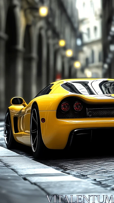 Yellow supercar idles along narrow European stone street