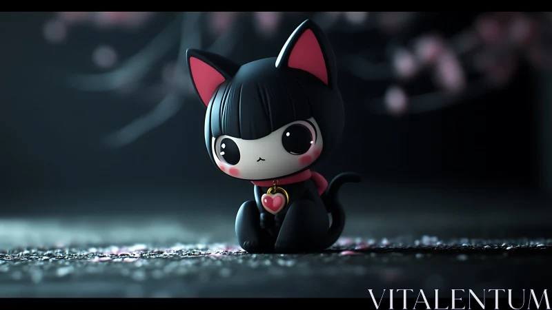 Chibi black cat figurine glows under soft bokeh lights.