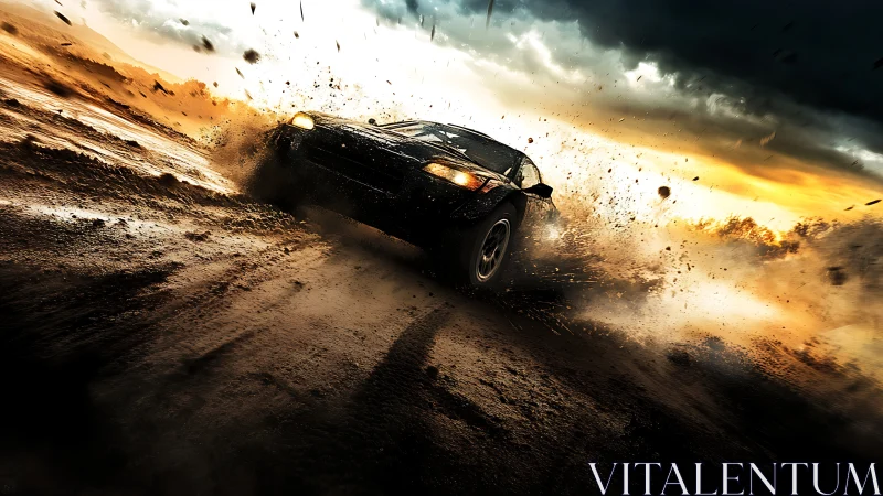 Dirt-slinging rally beast chasing storms at sunset speed.