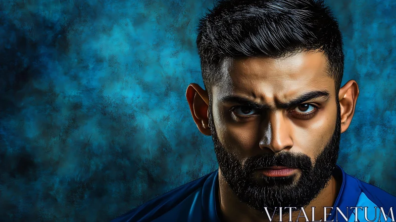 Intense bearded man portrait against textured blue backdrop.