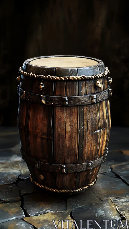 Weathered oak barrel with rope lashing on stone floor