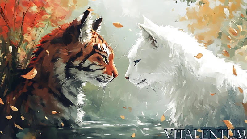 Digitally Rendered Felid Subjects in Autumnal Setting with Compositional Contrast