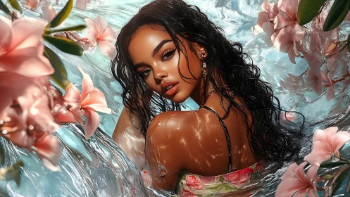 Luminous water muse drifting through a glassy floral lagoon.