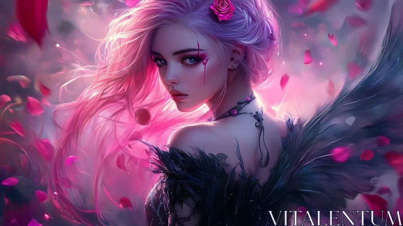 Chromatic fallen angel portrait with iridescent wing dynamics.