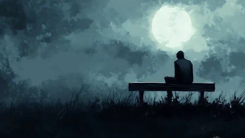 Solitary figure on bench under full moon at night sky.