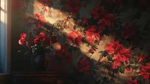 Sunlit red flowers cast soft shadows across dark wallpaper
