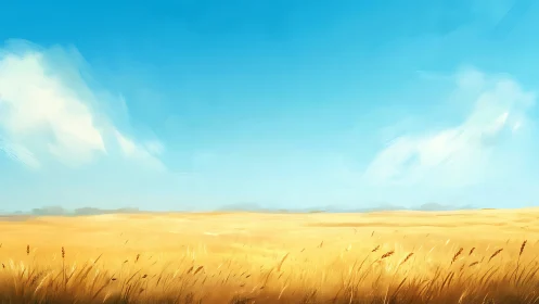Golden wheat horizon under expansive summer sky painting.