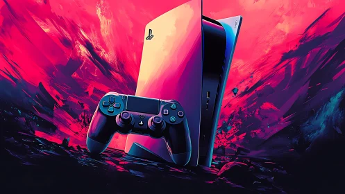 PlayStation 5 Gaming Console With Controller Against Vibrant Neon Background.