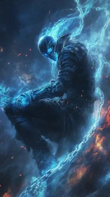 Spectral warrior ignites chained inferno in storming void.