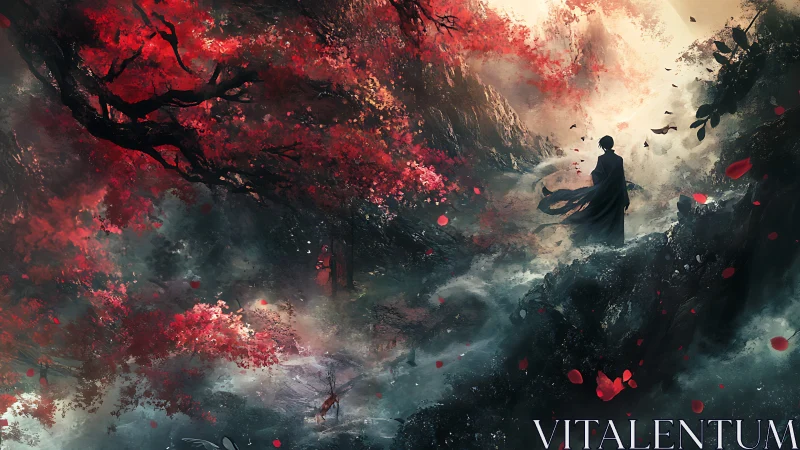 Lone cloaked figure in misty red forest landscape at dawn.