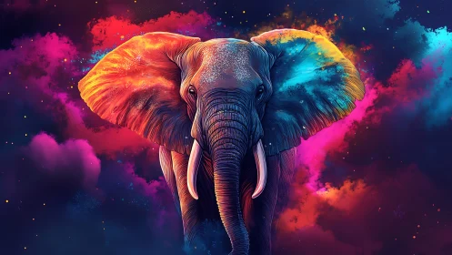 Nebula-touched elephant strides through cosmic color storms.
