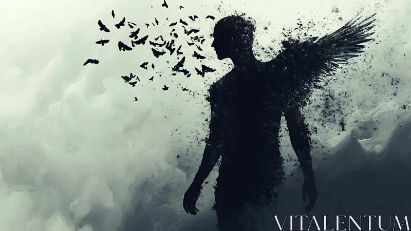 Silhouette figure with dissolving wings and dispersing birds