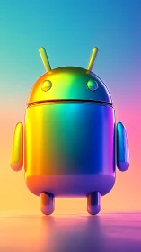 Prismatic android mascot gleams in neon sunrise glow.
