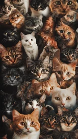 Feline Mosaic: Diverse Cat Portraits Unified in Dense Compositional Grid.