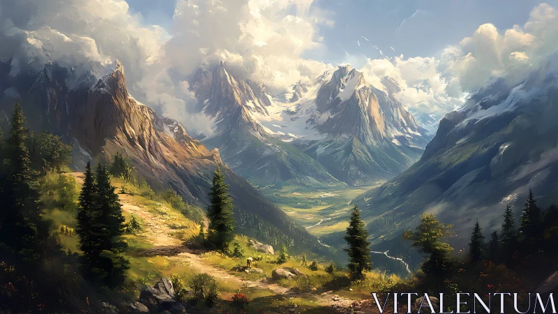 Sunlit alpine valley unfolds beneath towering peaks.