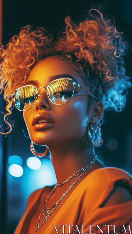 Curly haired woman in reflective sunglasses at night.