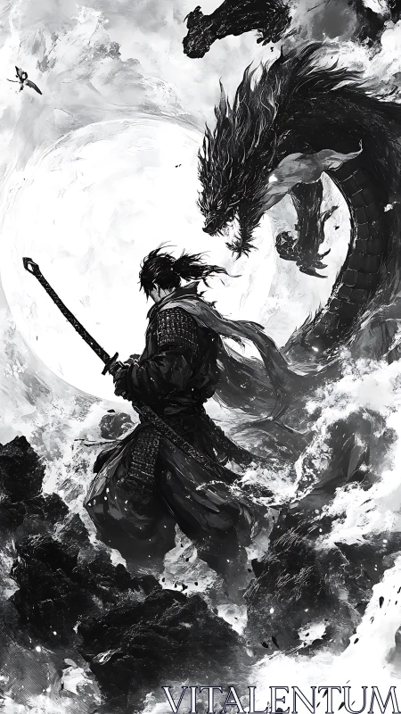 Monochrome samurai–dragon confrontation under turbulent moon.