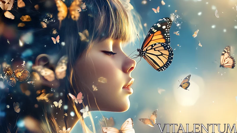 Girl in luminous butterfly swarm under glowing sunset sky.